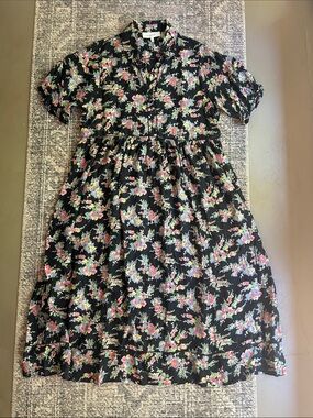 The Great Loose Fitting Floral Silk Dress midi Black 1 S Green Pink Short Sleeve